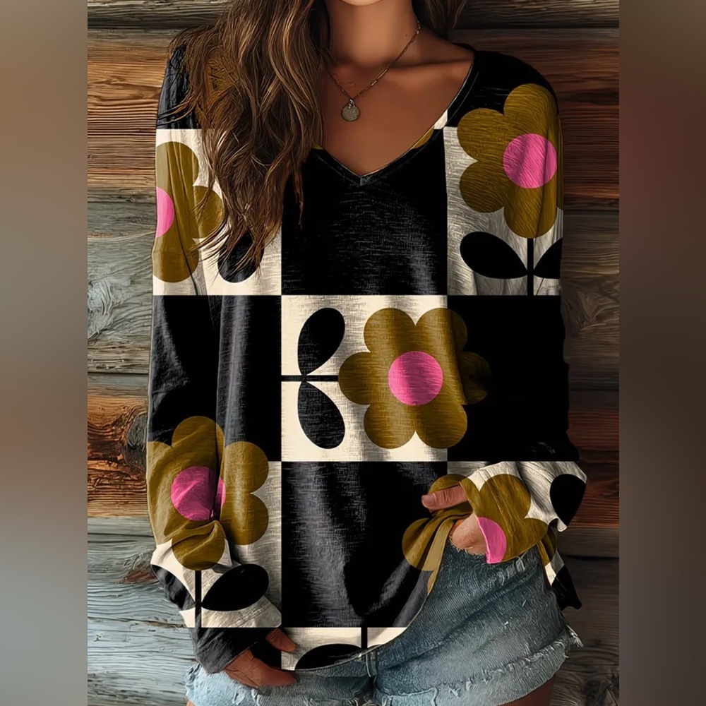 Women’s Boutique Flower Patchwork Long Sleeved V-… - image 1